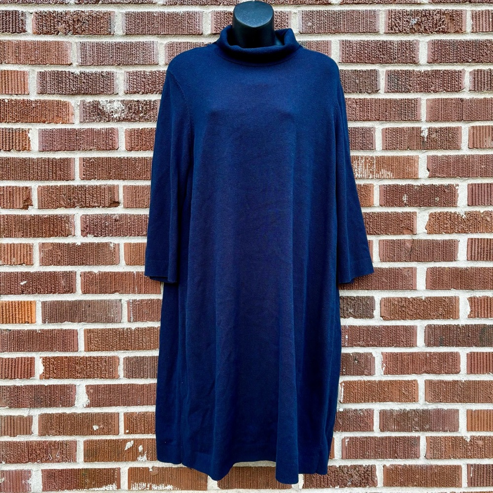 J Jill Dress Women’s Large Navy Sweater Turtleneck Long Sleeve Midi Stretch Knit